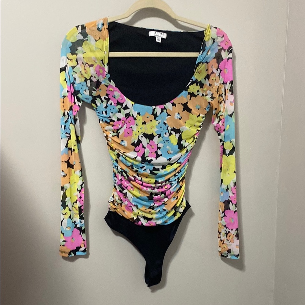 NWOT! AFRM Pink and Yellow Ruched Long Sleeve‎ Bodysuit